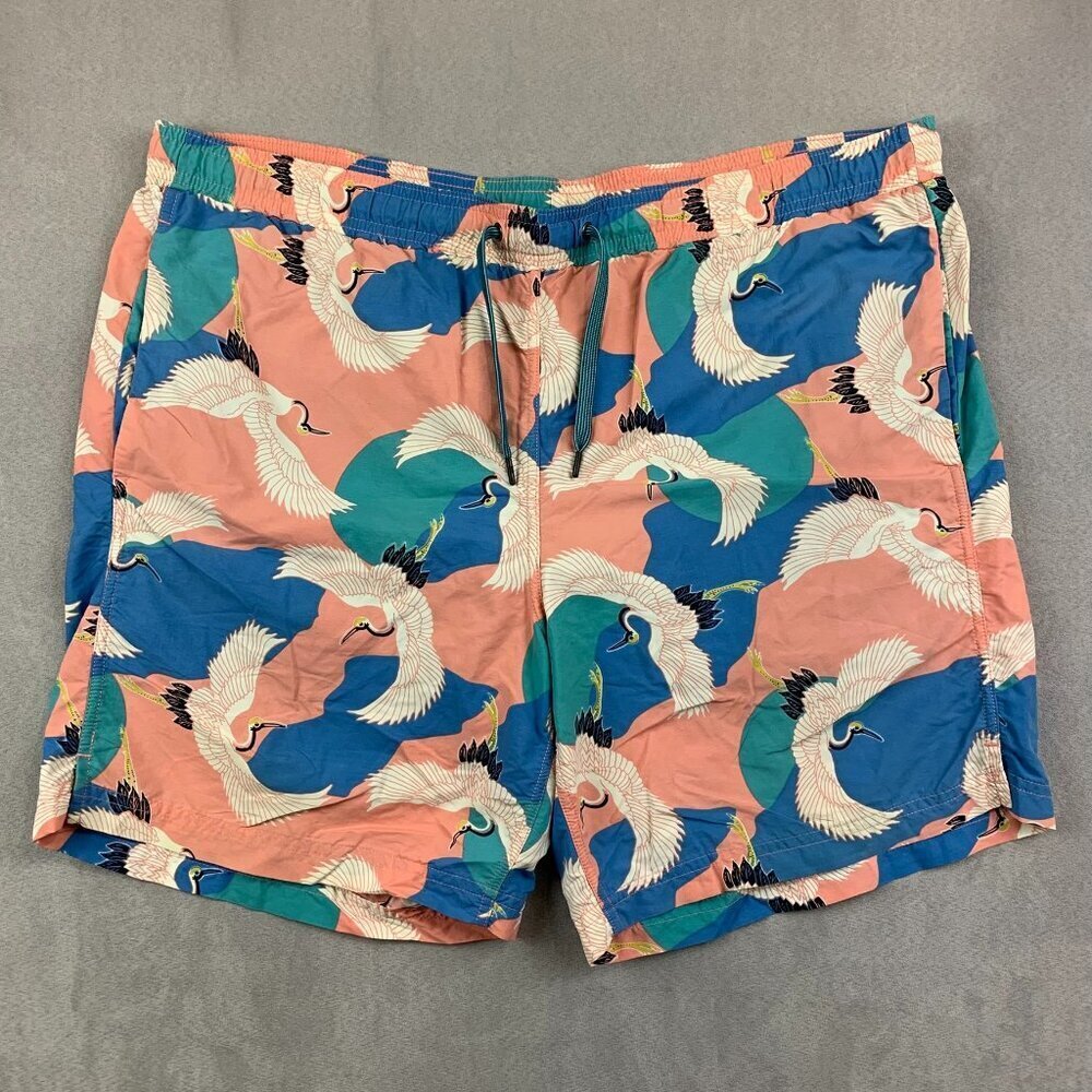 Saxx Mens Swim Trunks Large Pink Blue 2N1 Cannonball Lined Shorts 7" Nylon Birds